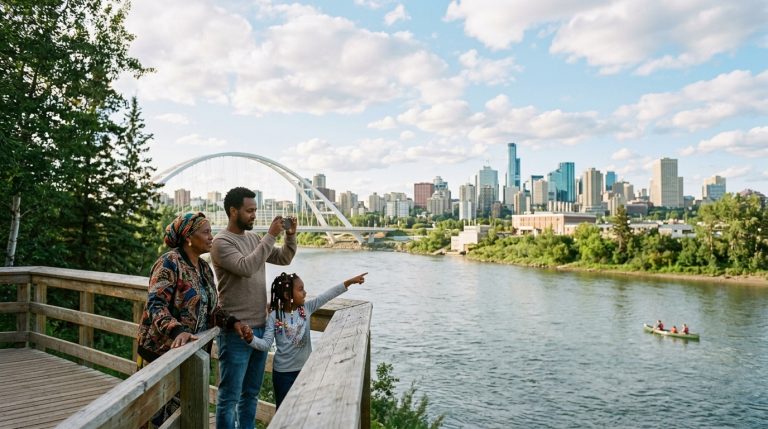 Family overlooks Edmonton river valley and skyline near bridge in Alberta PNP news illustration