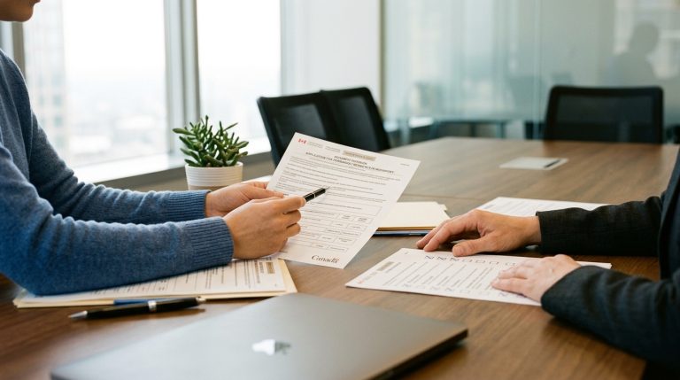 Applicant reviews Canadian citizenship paperwork with an official at an office meeting table