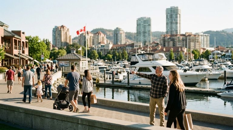People walk along a BC waterfront marina beneath a Canadian flag, illustrating PNP immigration news