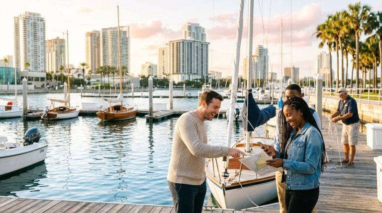 People check a map and phone beside sailboats at a Florida marina amid Canada citizenship news