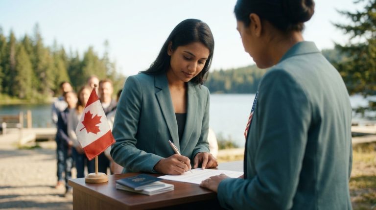 Woman signs Canadian citizenship document beside a small flag as people wait outdoors near a lake