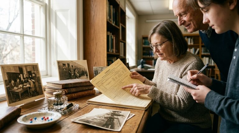 Family reviews archival records and photographs while researching Canadian citizenship by descent