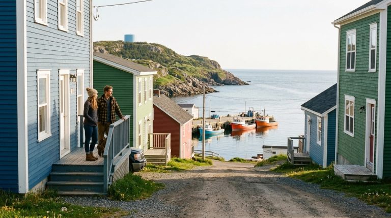 Two people stand outside colourful homes overlooking a Newfoundland harbour, illustrating PNP news