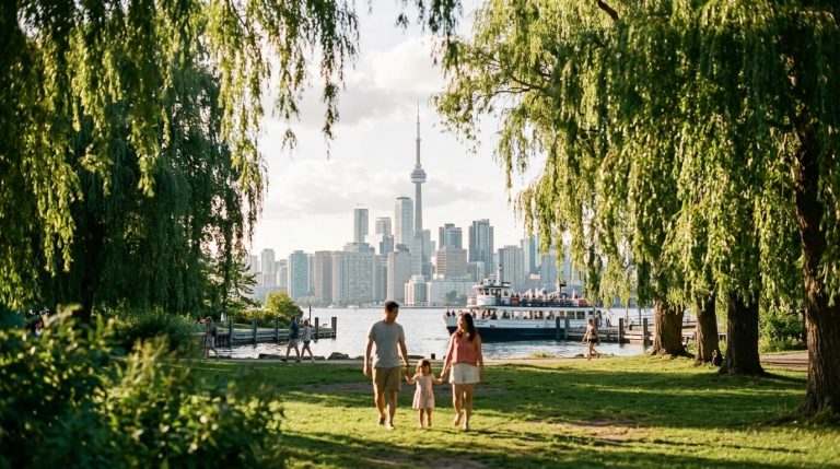Family walks along Toronto waterfront park with skyline behind, illustrating Express Entry immigration news