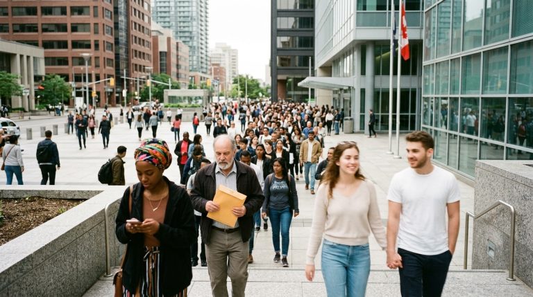 Express Entry applicants walk outside a downtown office building beneath a Canadian flag