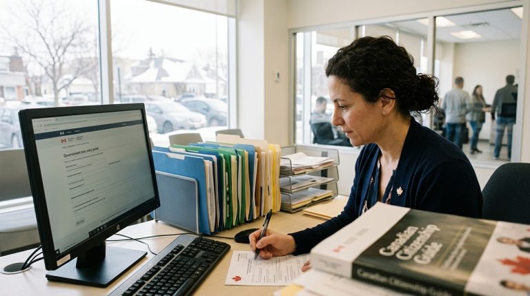 Woman fills out Canadian citizenship form at an office desk beside an IRCC online application screen