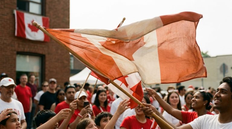 People wave Canadian flags at a public gathering, illustrating Express Entry immigration news in Canada