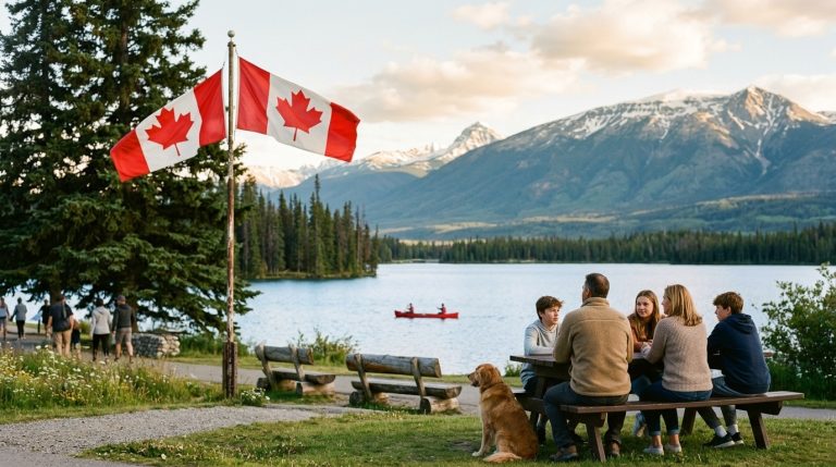 Canadian flags fly over a family by a mountain lake, illustrating Express Entry immigration to Canada