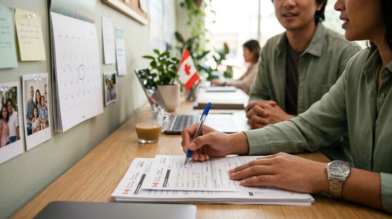 Applicants review temporary resident forms at a desk beside a calendar and small Canadian flag