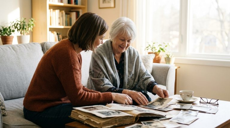 Two women review family photos and papers at home in a scene depicting Canadian citizenship by descent
