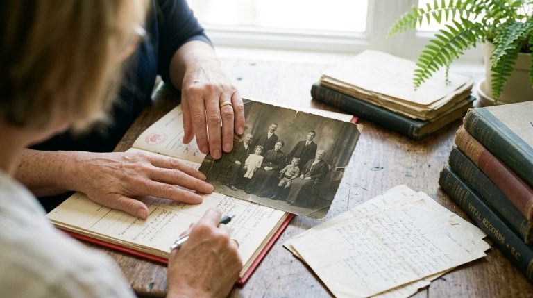 People review family records and an old portrait while preparing Canadian citizenship documents at a table
