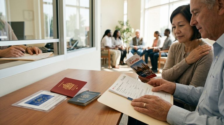 Couple review Canadian immigration papers beside passports at a study permit service counter