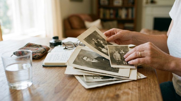 Person sorts old family photos at a table, illustrating Canadian citizenship by descent research
