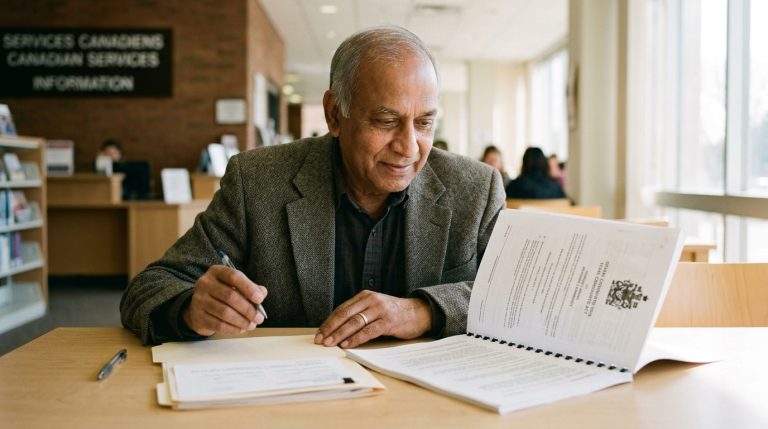 Man reviews Canadian citizenship documents at a government services centre desk