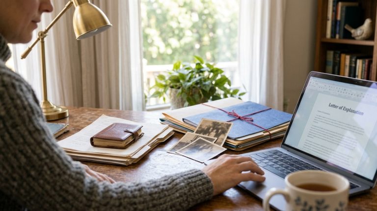 Person reviews family records and types a letter of explanation for Canadian citizenship on a laptop desk