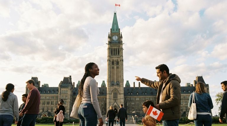 Families gather on Parliament Hill with a Canadian flag as IRCC work permit news unfolds in Ottawa