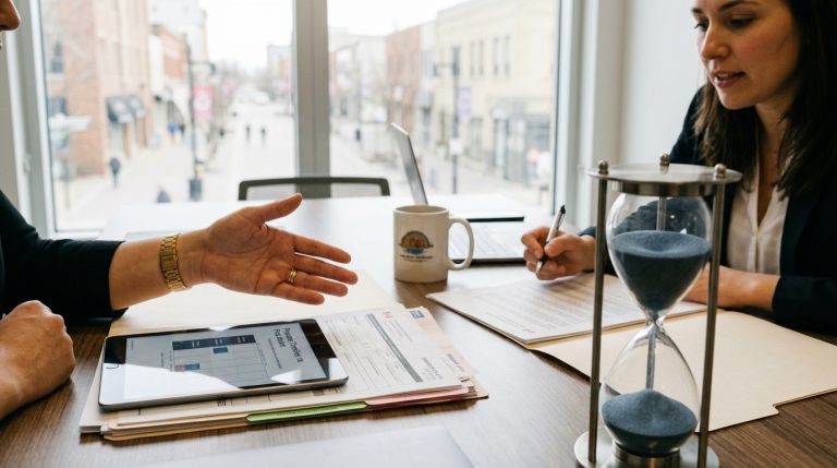 Applicant meets with an immigration adviser as IRCC processing time documents are reviewed at a desk