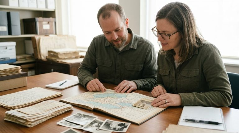 Couple reviews family records and a map while researching Canadian citizenship by descent