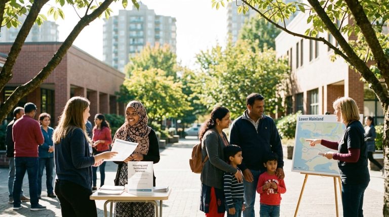 Settlement staff speak with a family beside a Lower Mainland map at a BC PNP newcomer information event