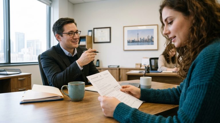 Applicant reviews citizenship papers with a lawyer during a Canadian citizenship consultation in an office