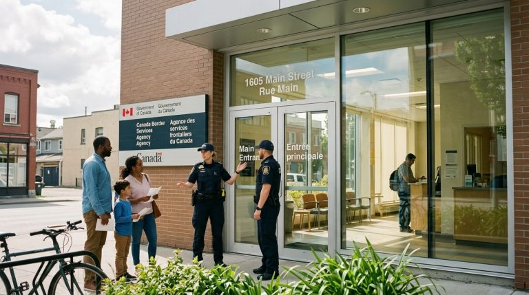 Family with documents speaks to CBSA officers outside a Government of Canada immigration office entrance