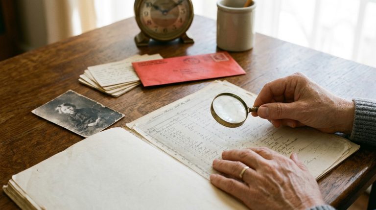 Hands review old family records and a childhood photo, illustrating Canadian citizenship ancestry research