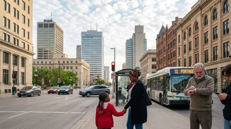 People wait at a Winnipeg bus stop in downtown Manitoba, illustrating a provincial PNP immigration story