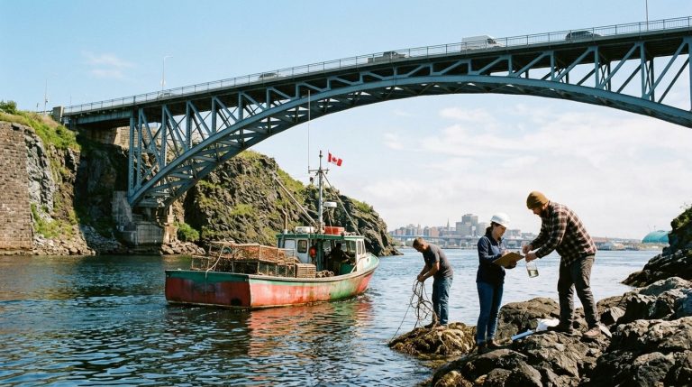 Workers stand on rocks beside a fishing boat under a New Brunswick bridge, illustrating a PNP news scene