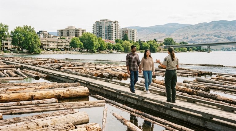 Two newcomers walk with an official along log booms on a BC waterfront during a provincial PNP scene