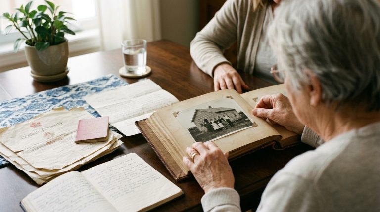 Two people review old family photos, passport and citizenship papers on a table during a citizenship records search