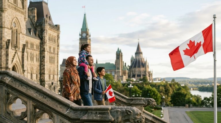 Newcomer family stands near Parliament Hill with Canadian flags during an Express Entry news illustration