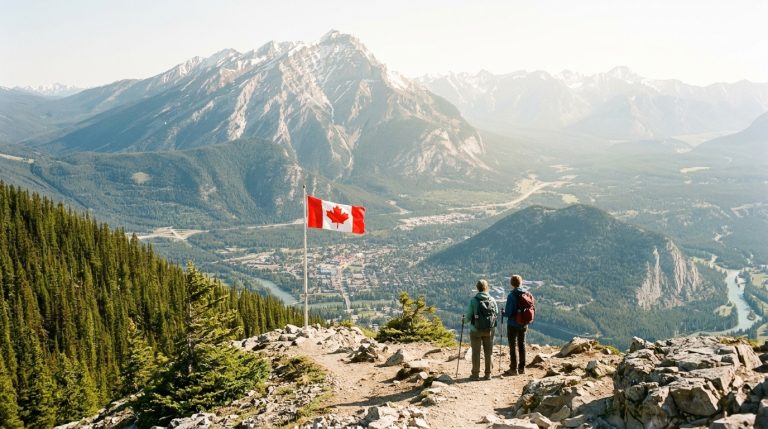 Hikers stand beside a Canadian flag overlooking a mountain valley as Express Entry news highlights Canada
