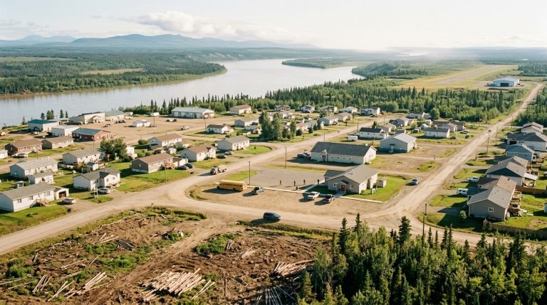 Aerial view of a Labrador community beside a river and airstrip as IRCC expands biometric services