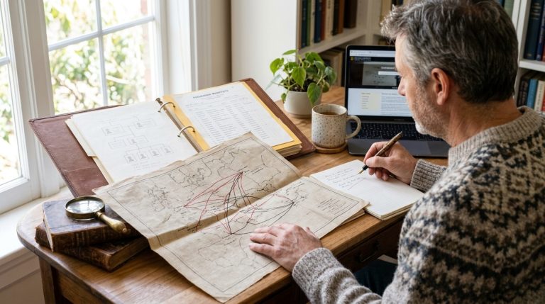 Man reviews family records and an old map at a desk, researching Quebec citizenship by descent