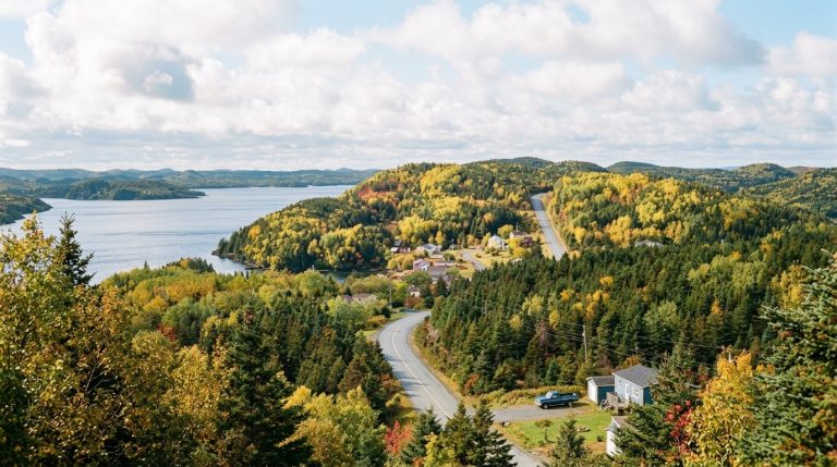 Road winds through a Newfoundland and Labrador coastal community surrounded by autumn forest during PNP news
