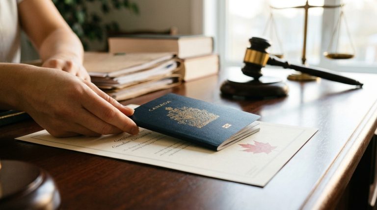 Hand places Canadian passport on citizenship papers beside a gavel and scales in legal review scene