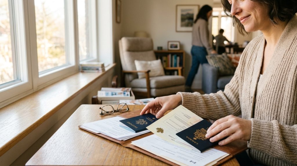 Woman reviews Canadian passports and citizenship documents at home amid Express Entry rule changes