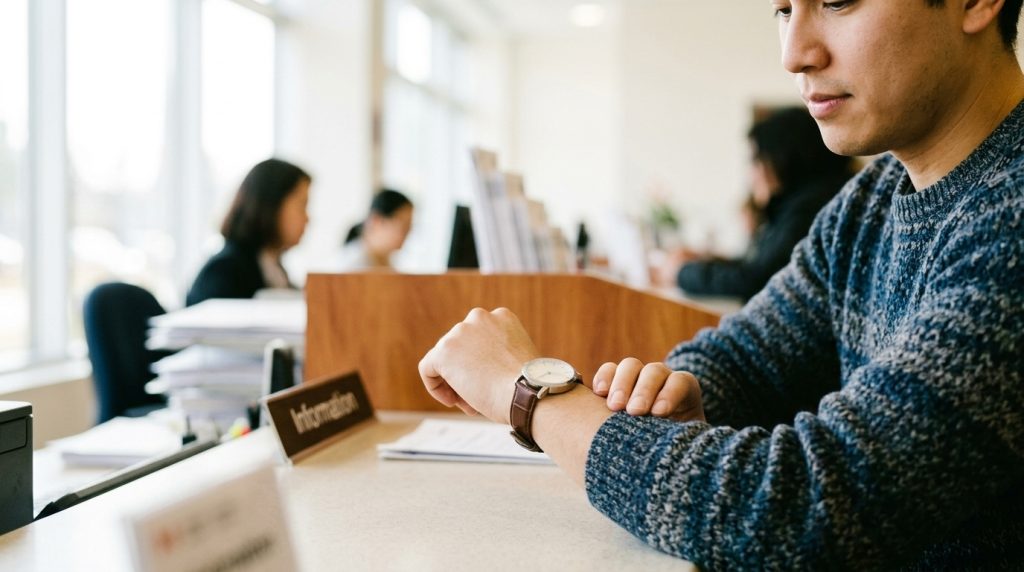 Temporary resident applicant checks the time while waiting at an immigration office information counter