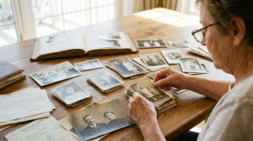 Woman reviews old family photos and immigration papers for a Canadian citizenship by descent claim