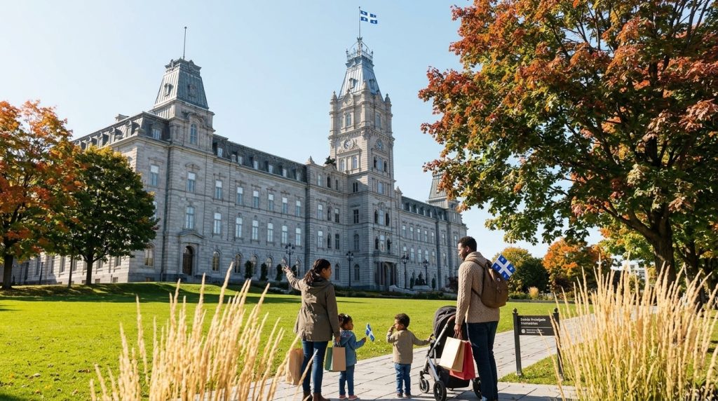 Family with Quebec flags walks past the National Assembly in Quebec City during PEQ immigration news