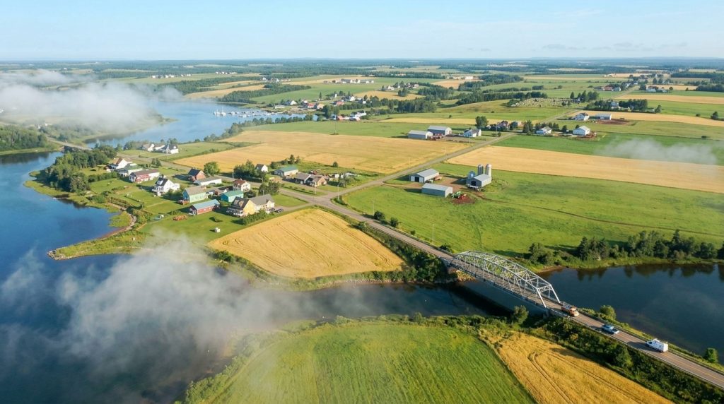 Aerial view of Prince Edward Island farmland and bridge over river ahead of PEI PNP news